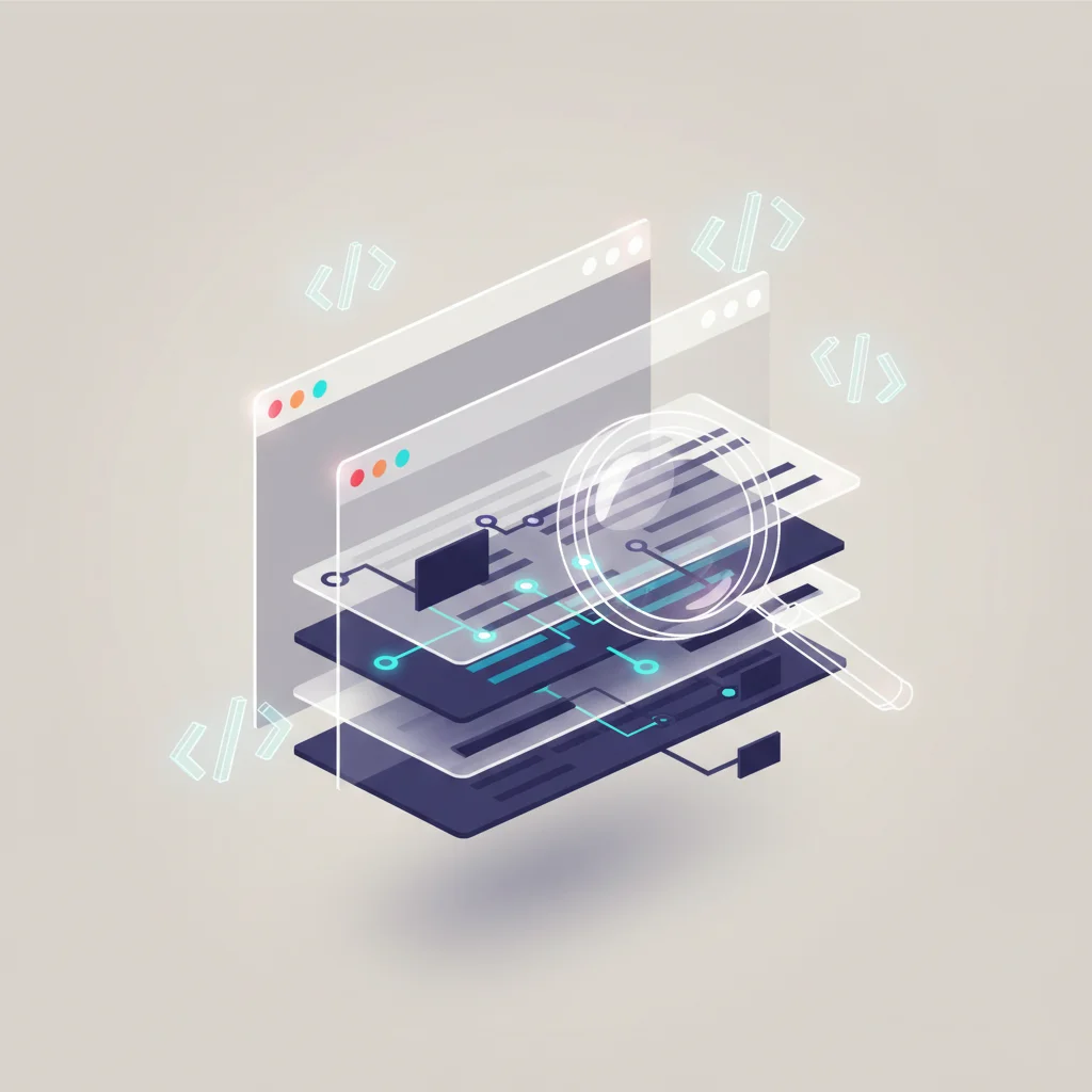 Web sayfasının HTML yapısı ve içerik optimizasyonu katmanlarını gösteren soyut mimari çizim