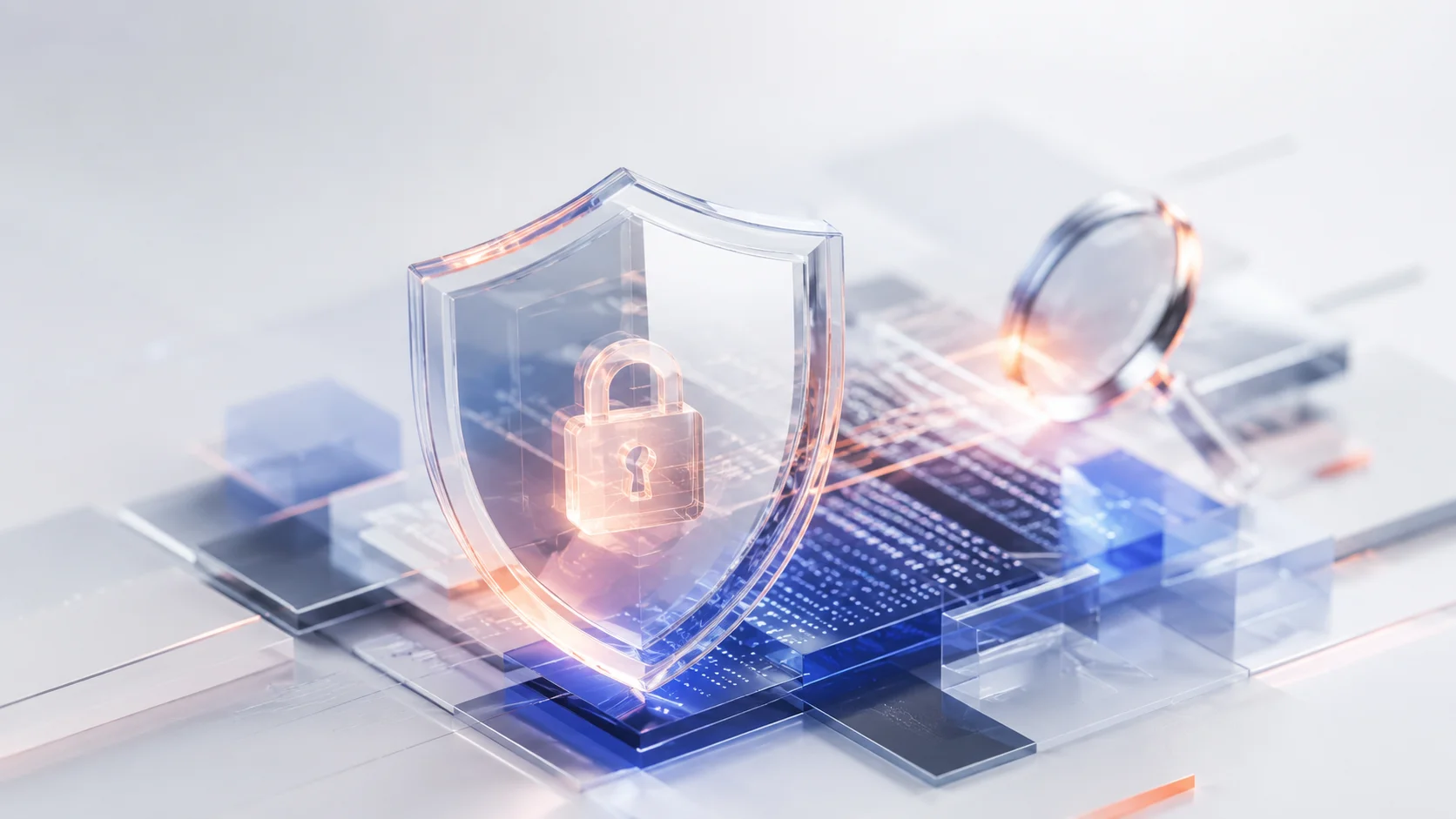 A symbolic visual depicting cybersecurity shields and magnifying glasses scanning digital prompt text blocks.