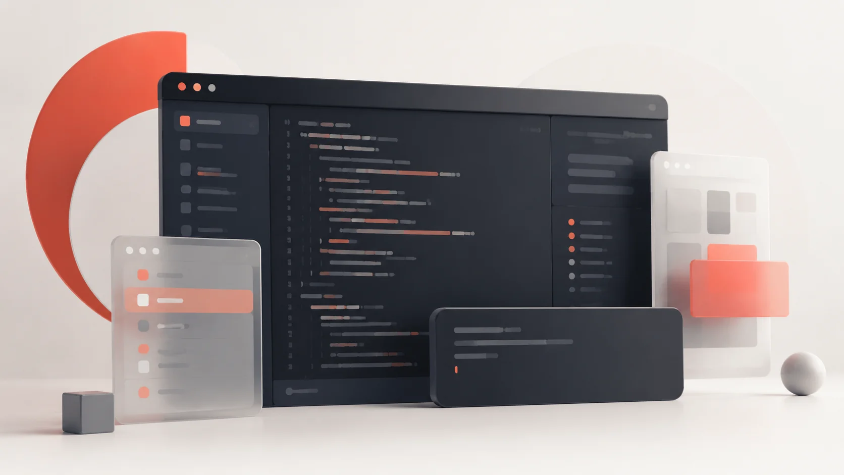 Kod satırları, hata ayıklama simgeleri ve modern bir IDE penceresini gösteren minimalist grafik