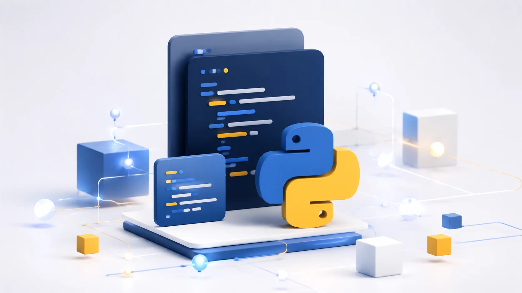 Python programlama dili logoları ve kod düzenleyici içeren minimalist illüstrasyon