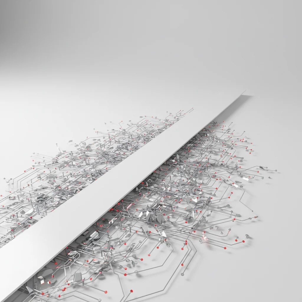 A symbolic visual depicting a maze of chaotic code pathways contrasted with a single, clear, guided line.