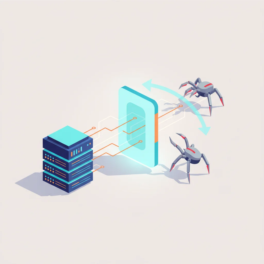 Arama motoru botlarının sunucu üzerindeki robots.txt dosyasını okuma sürecini gösteren sembolik editoryal illüstrasyon