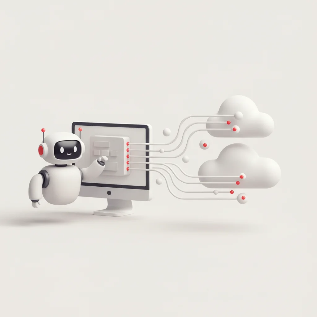 A symbolic editorial illustration depicting a software robot interacting with a desktop computer screen contrasted alongside clean digital streams connecting modern cloud applications.
