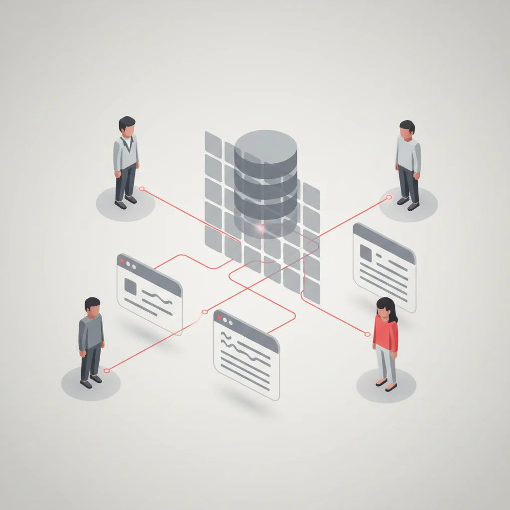 A professional editorial illustration showing structured virtual workers interacting with database grids and legacy windows applications.