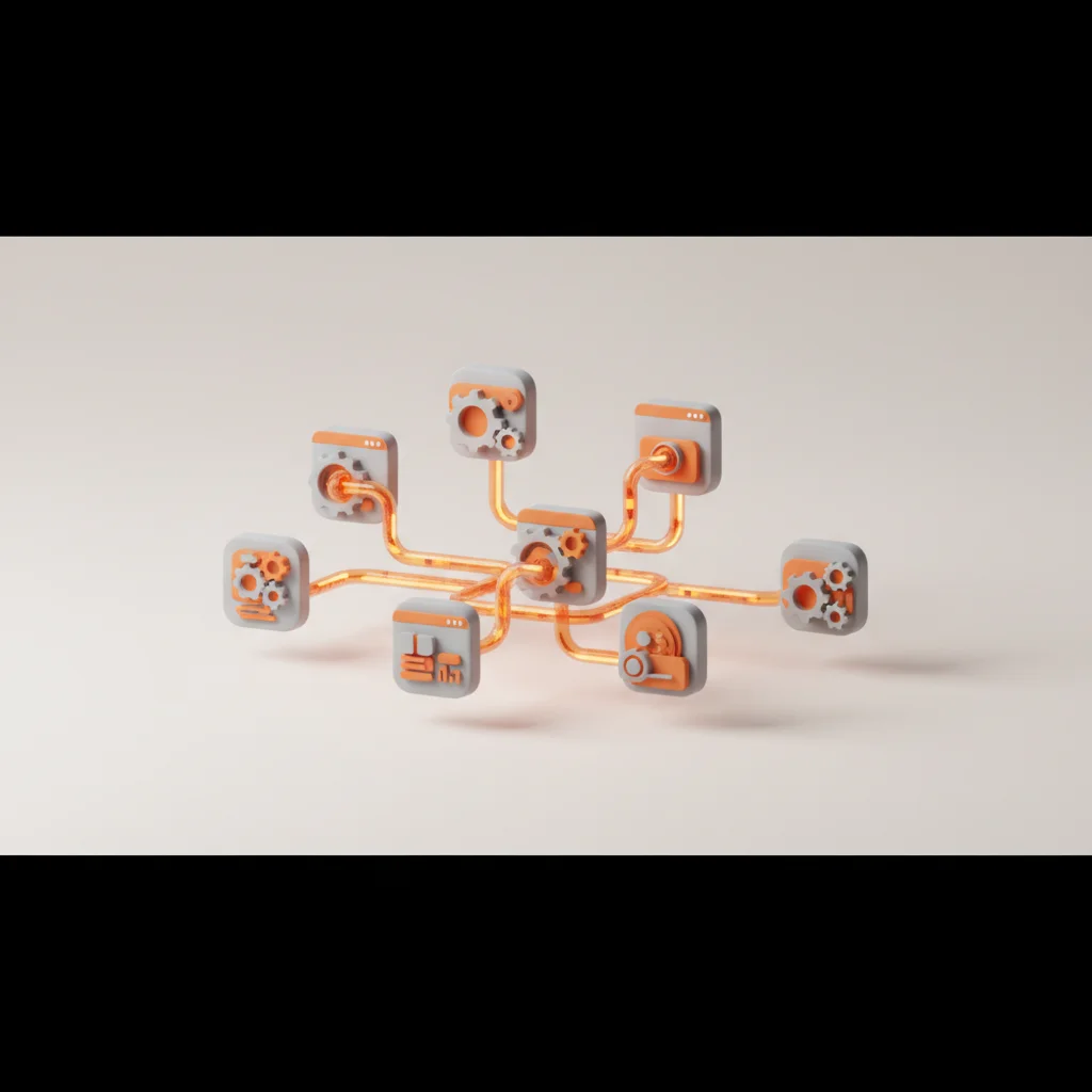 A professional editorial illustration of internal company teams managing complex interconnected digital icons