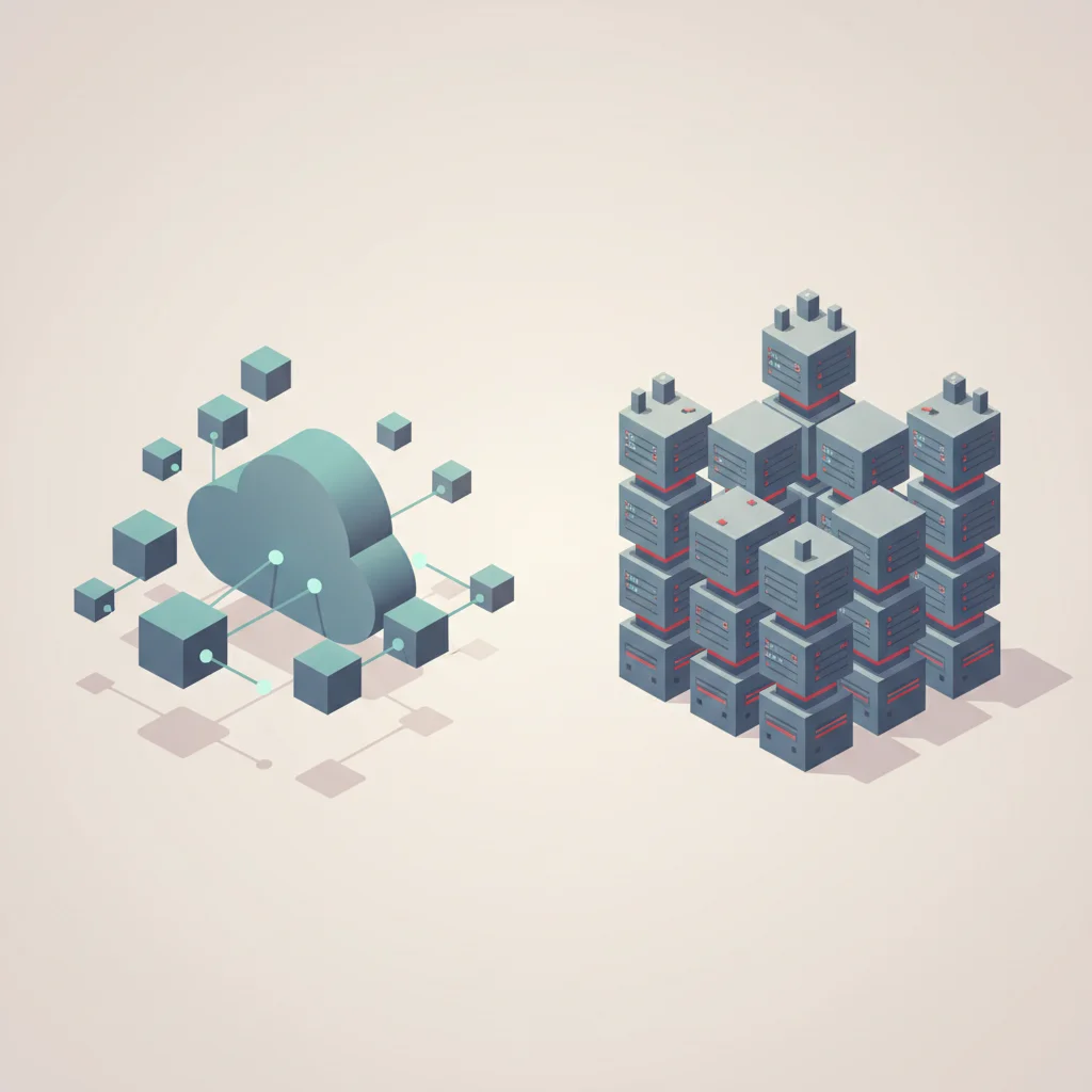 Minimalist corporate illustration depicting centralized cloud infrastructure versus localized server hardware