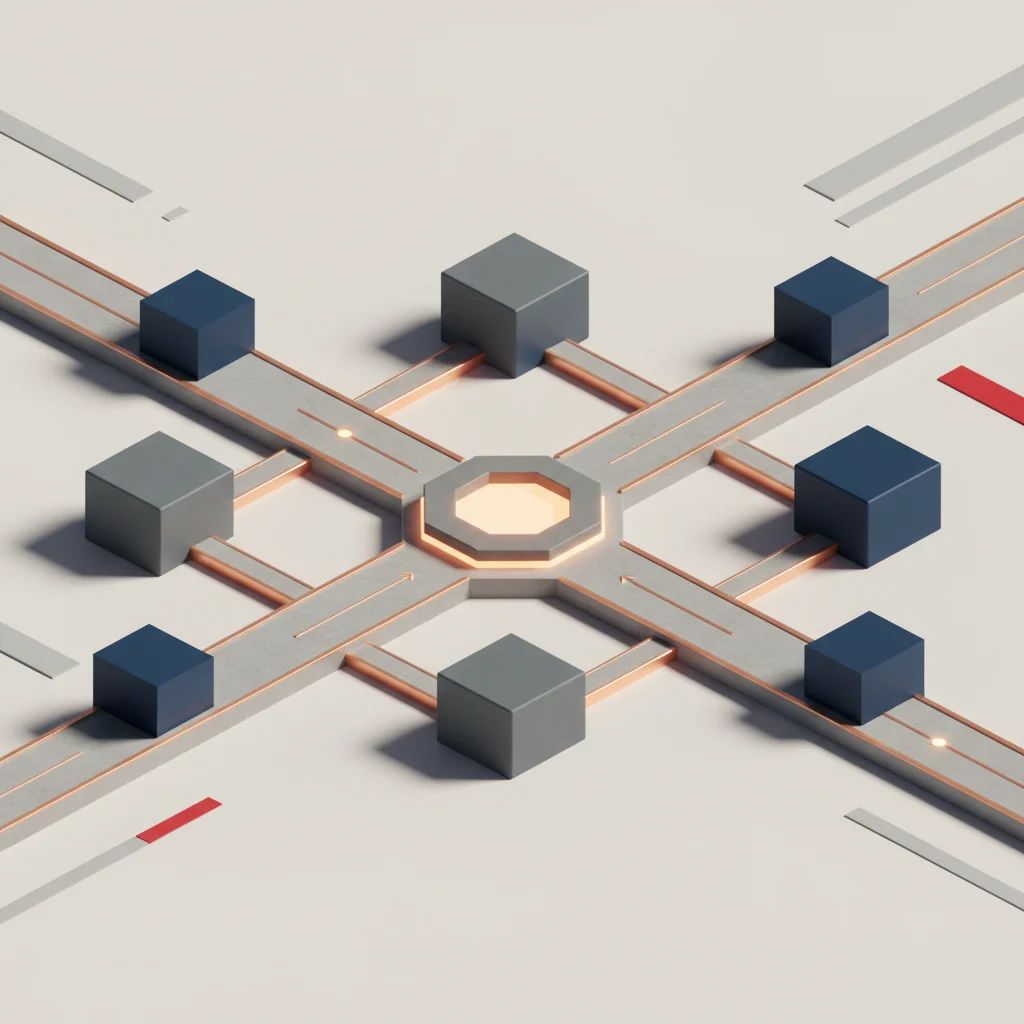 Architectural isometric illustration showing strategic pathways converging toward an optimal central node