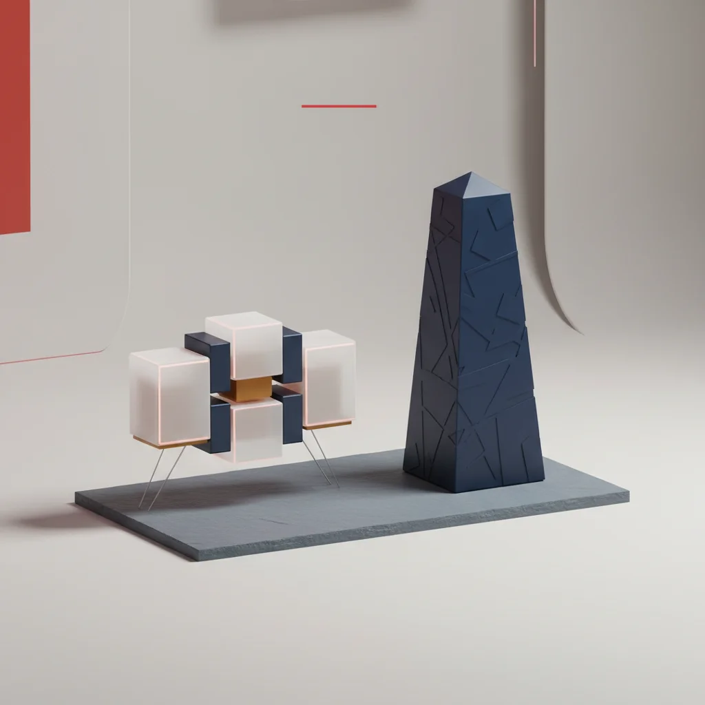 Architectural illustration showing two contrasting geometric structures balancing on a central axis