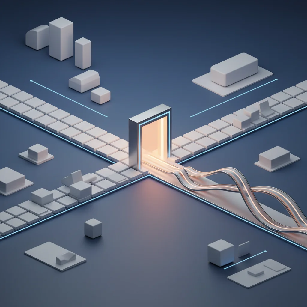 A symbolic corporate digital concept showing two paths representing custom web design and ready-made templates