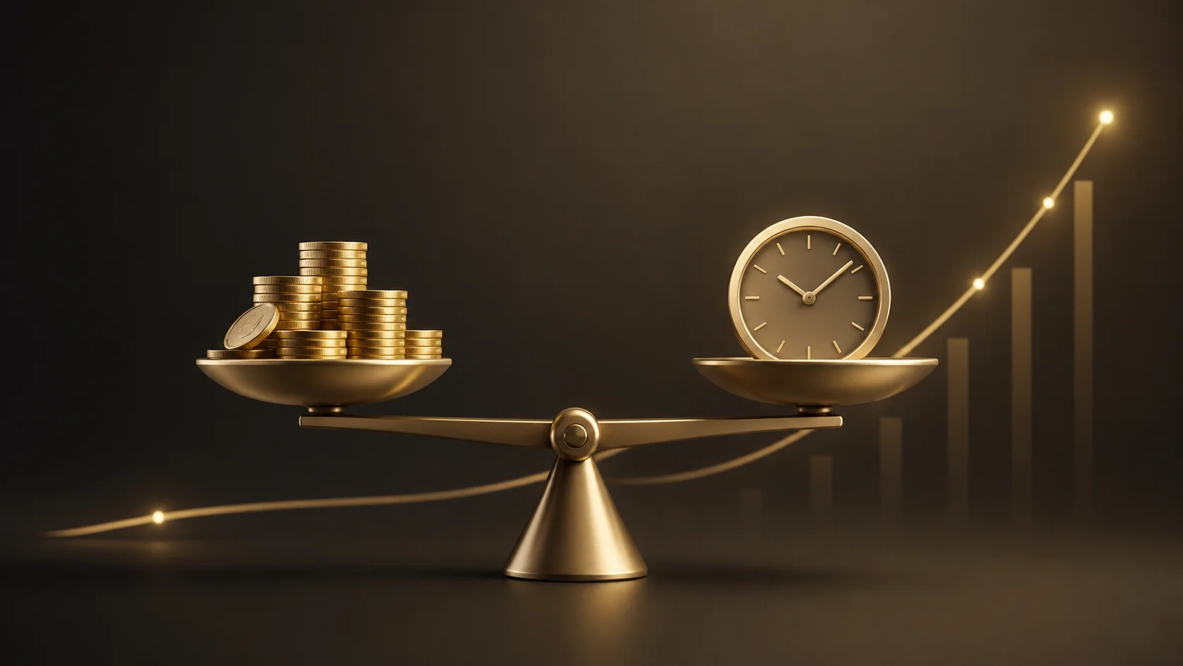 Finansal büyüme grafikleri, zaman saatleri ve madeni paraların minimalist bir soyutlaması