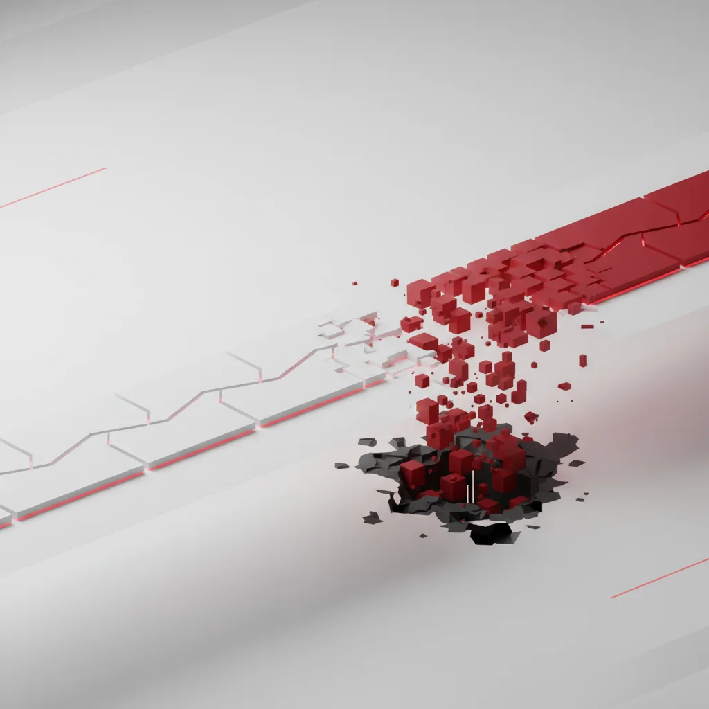 Bir tarafta düzenli büyüyen yeşil bir ekosistem, diğer tarafta ise aniden kesilen kırmızı bir veri hattını gösteren dramatik editoryal çizim.