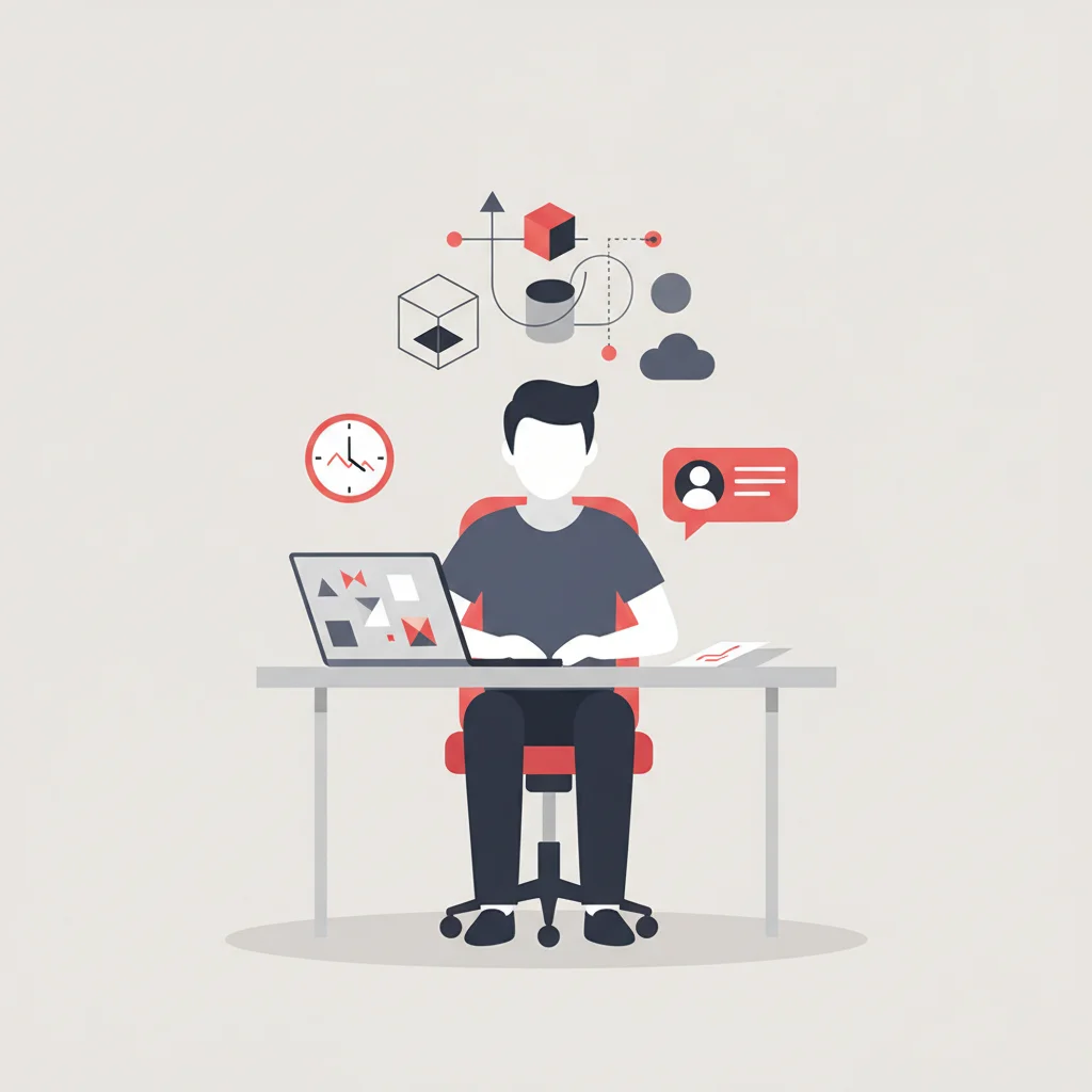 Freelance yazılım geliştirici çalışma ortamı ve iş yönetimi simgeleyen çizim