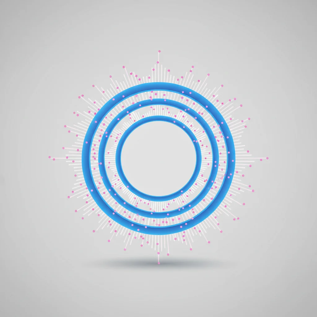 Minimalistic editorial concept of abstract measurement rings, brand share vectors, and citation tracking waves