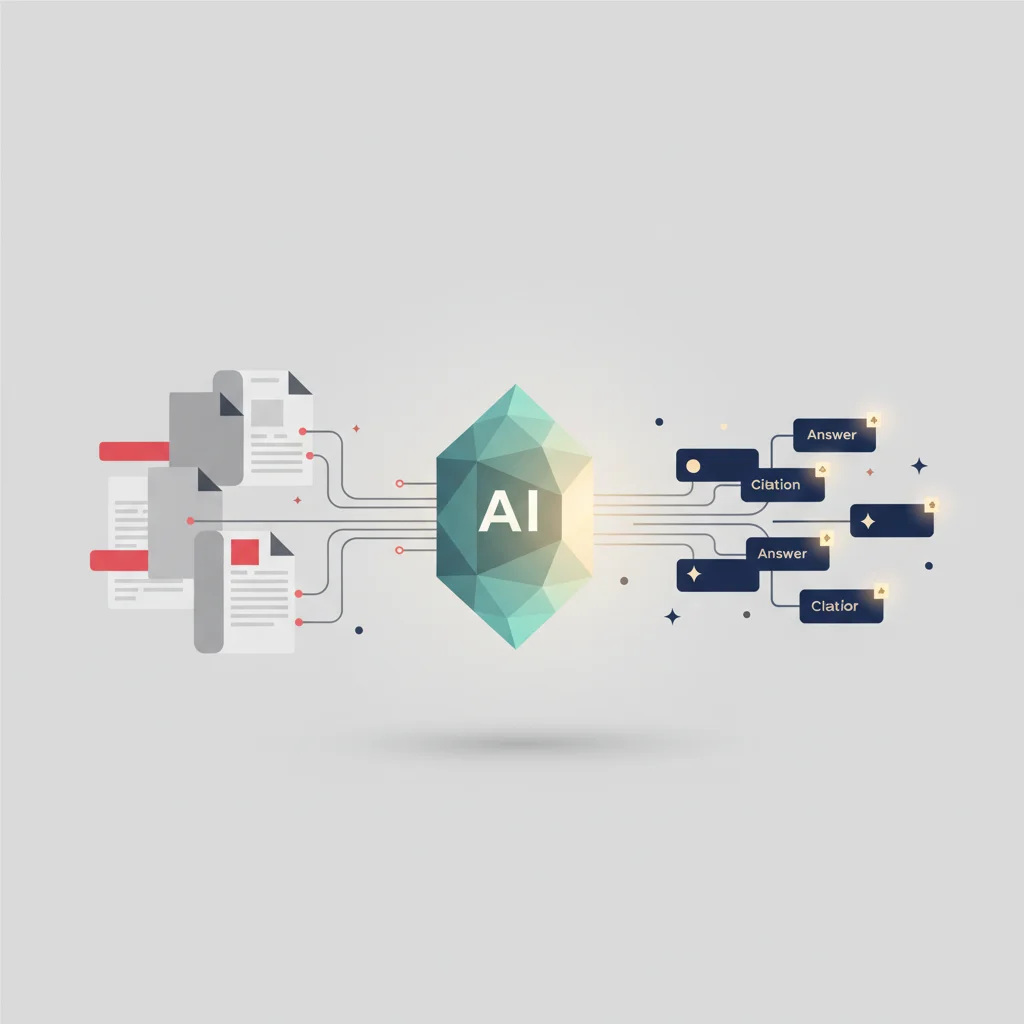 Conceptual illustration of an AI algorithm crawling structured data web sources and generating a seductive answer with citations