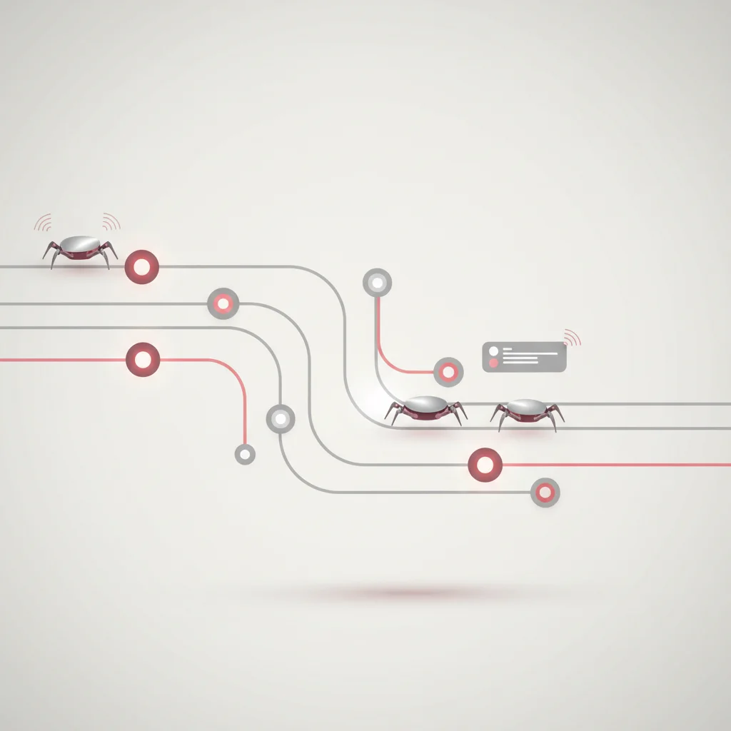 Arama motoru botlarının web sitesi sitemap dosyasını taramasını tasvir eden soyut vektör çizim.
