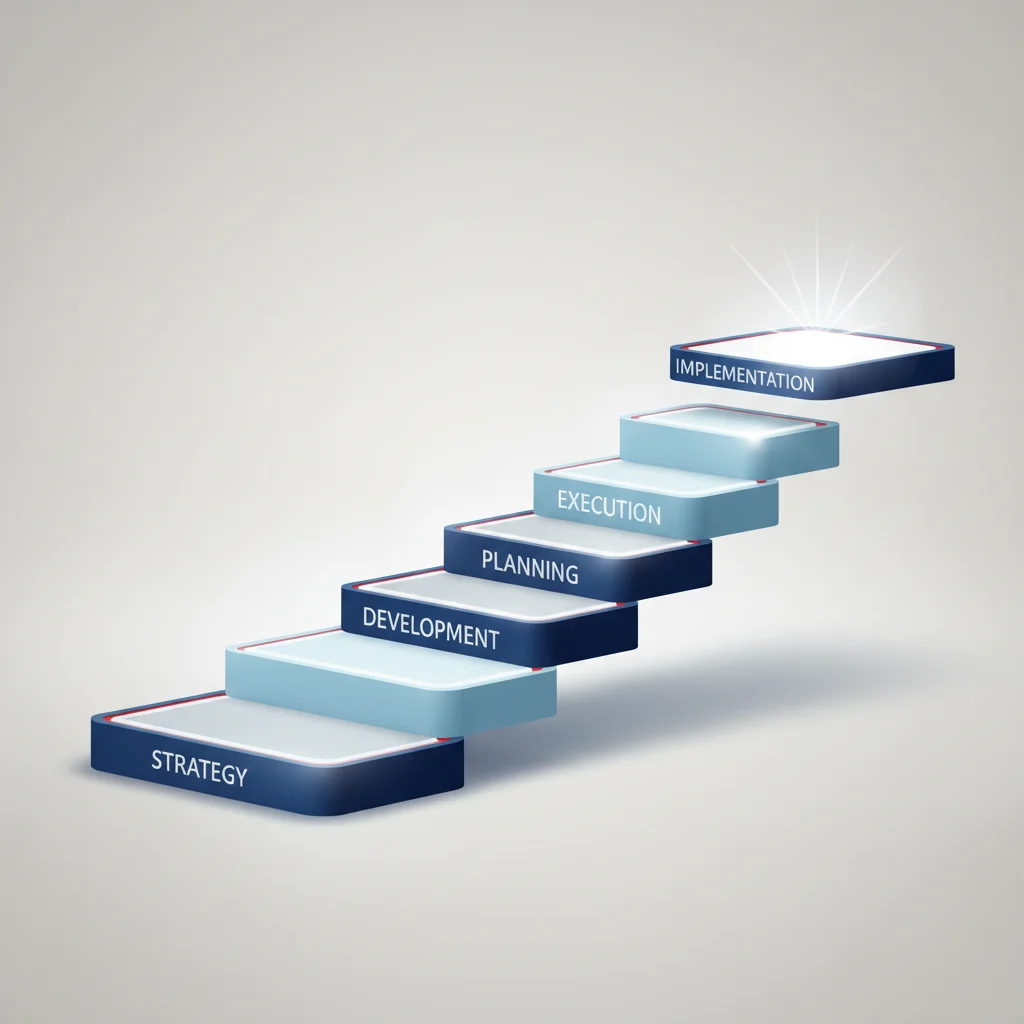 A clean editorial process map with glowing steps: Plan, Test, Deploy, representing a structured business methodology