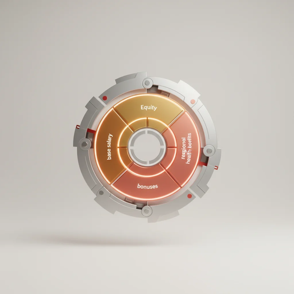An abstract concept of a segmented ring representing components of a compensation package like base salary, equity, and wellness benefits.