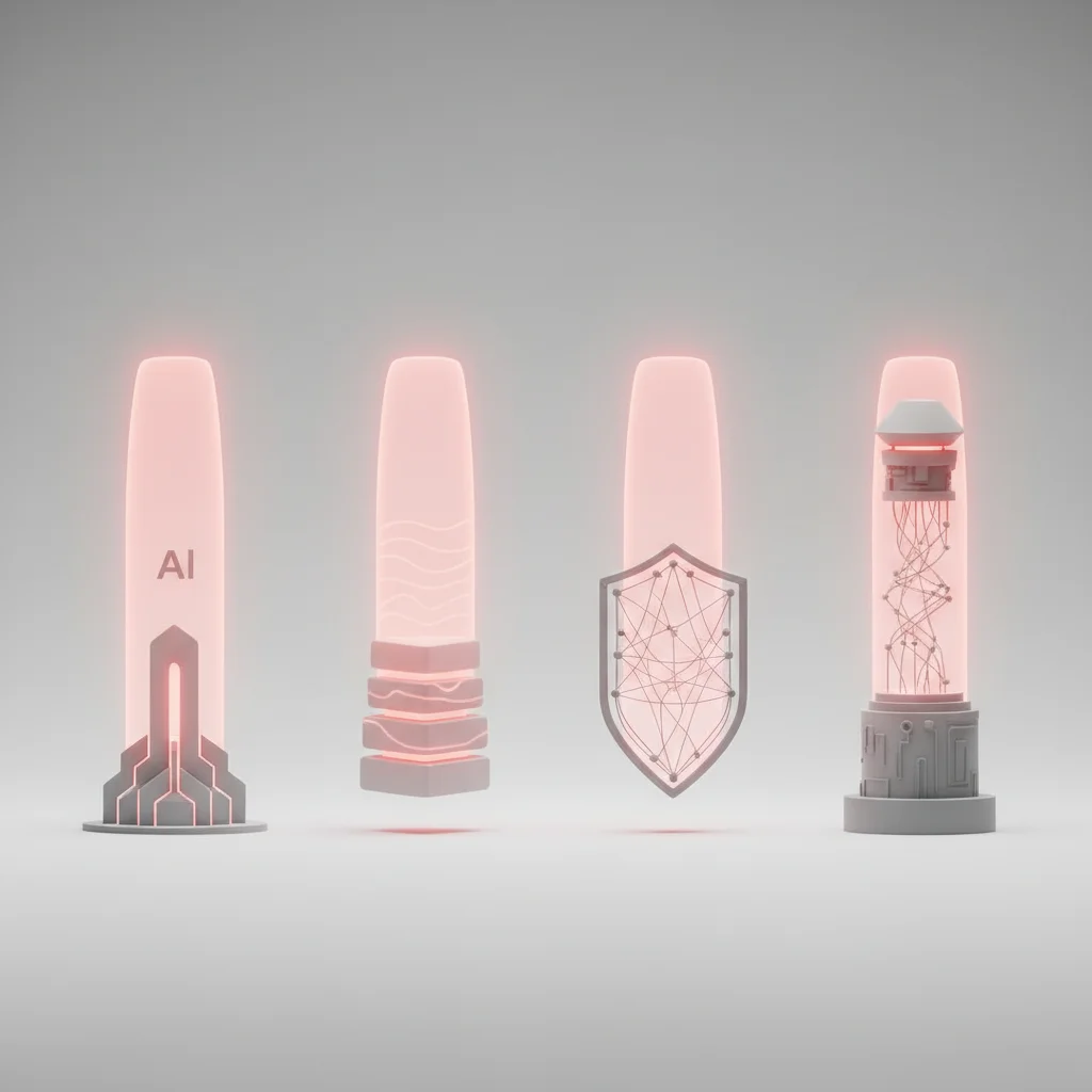 An abstract editorial illustration showing different glowing pillars representing software engineering specializations.