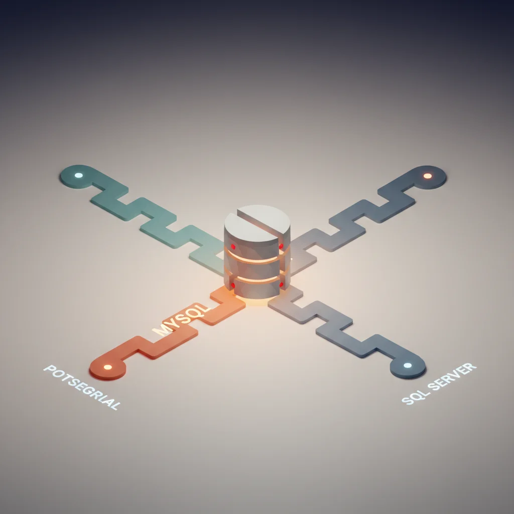 PostgreSQL, MySQL ve SQL Server logoları ve aralarındaki farklar şeması