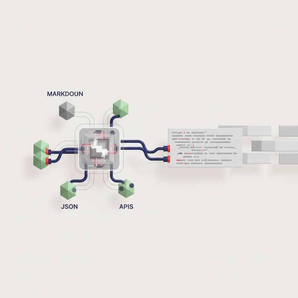 A symbolic visual depicting raw code and markdown files being structured into production-ready web assets