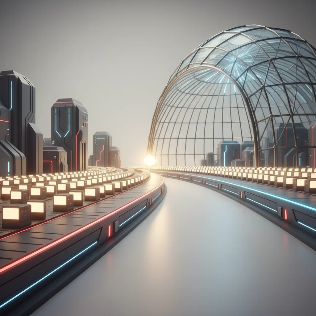 An editorial illustration of a clean, geometric path splitting into two distinct, well-lit digital corridors representing different business directions.