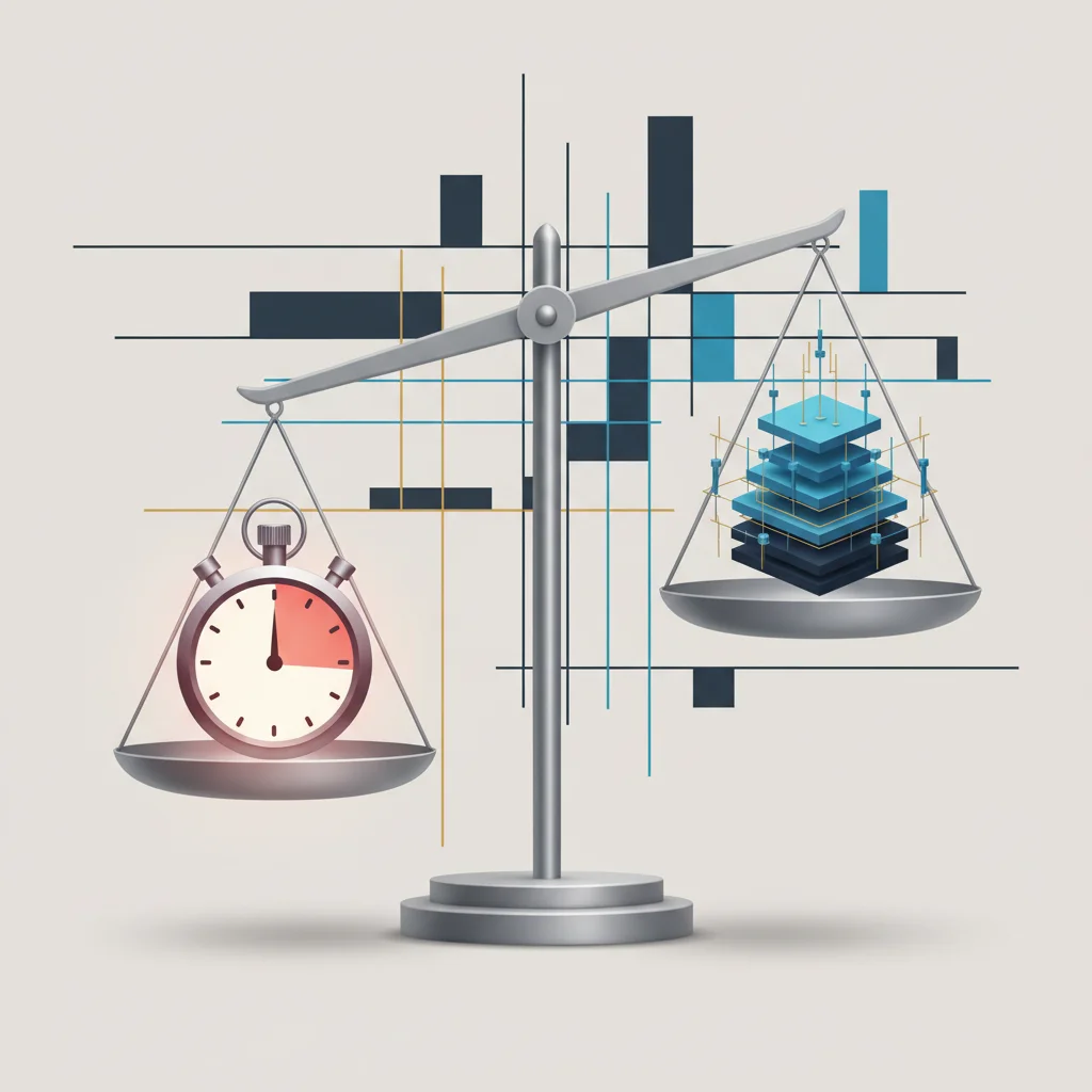 A professional conceptual illustration showing a balanced scale with a stopwatch on one side representing speed and an expanding geometric architectural blueprint on the other representing scalability.