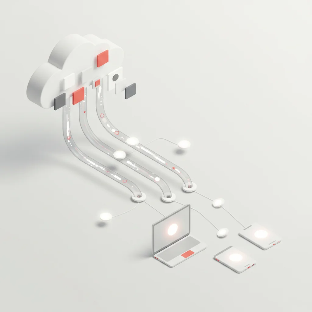 An abstract visualization of a high-performance CDN serving tailored images based on device screen size.