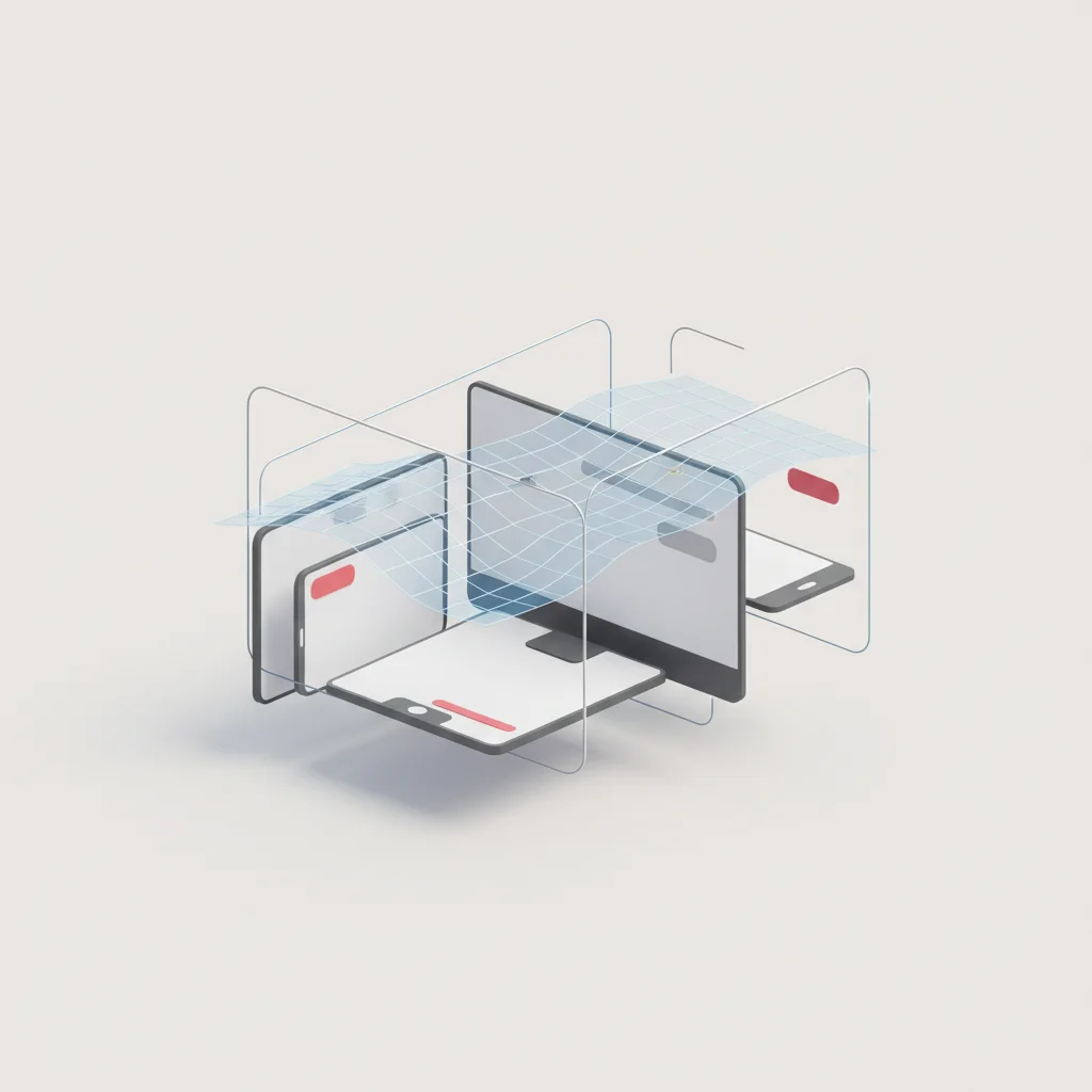 A symbolic editorial concept showing a fluid, structured digital canvas adjusting harmoniously across multiple abstract device frames.
