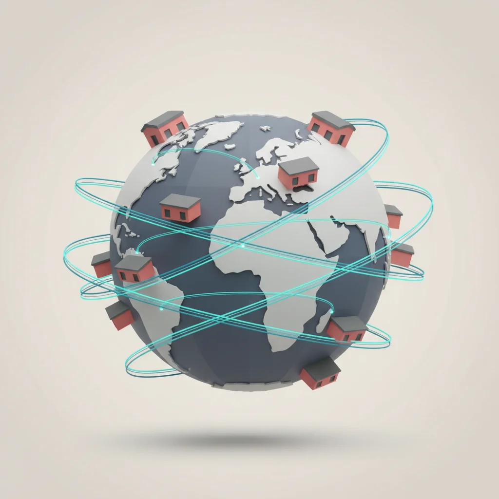 An abstract visual representation of global logistics lines connecting warehouse hubs, container networks, and intercontinental freight channels