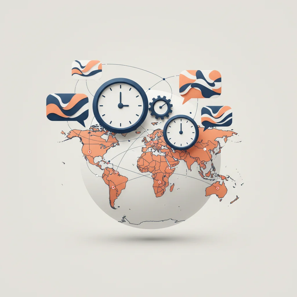 An abstract representation of 24/7 global operations with cyclical clock rings, multi-language speech nodes, and data relays