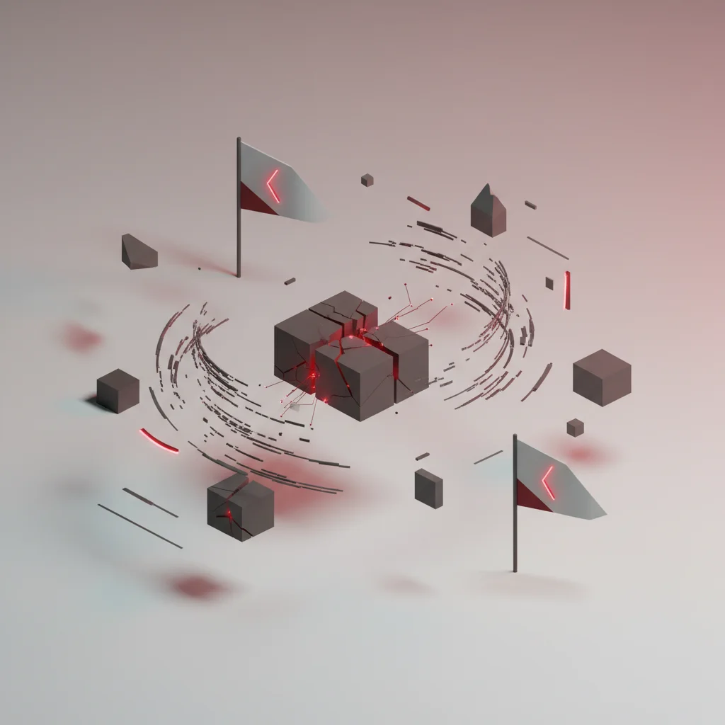 A symbolic visual of red flags and broken digital links signifying optimization errors
