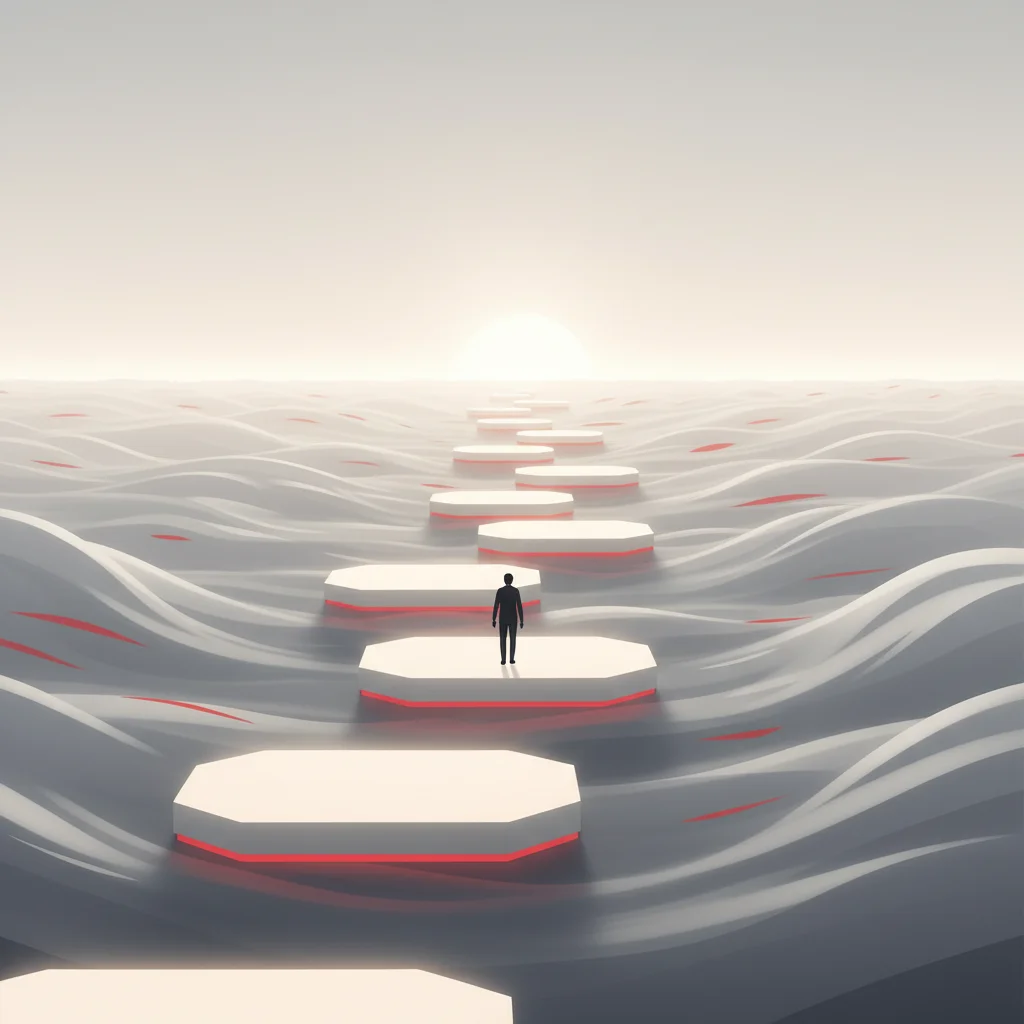 Minimalist editorial illustration showing ascending steps with glowing milestones on a professional, corporate background