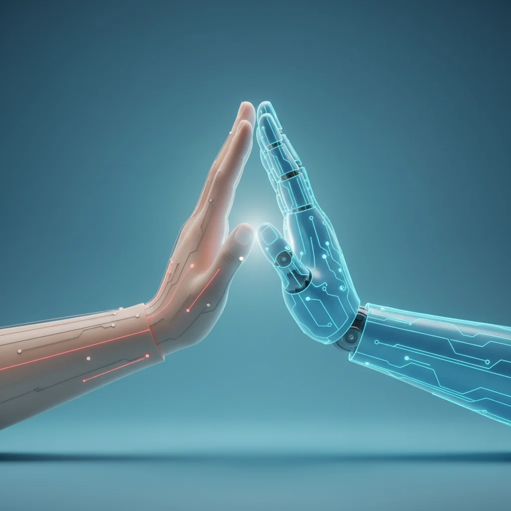 Minimalist editorial illustration showing a human hand and a glowing digital hand interlocking fingers amidst clean geometric nodes
