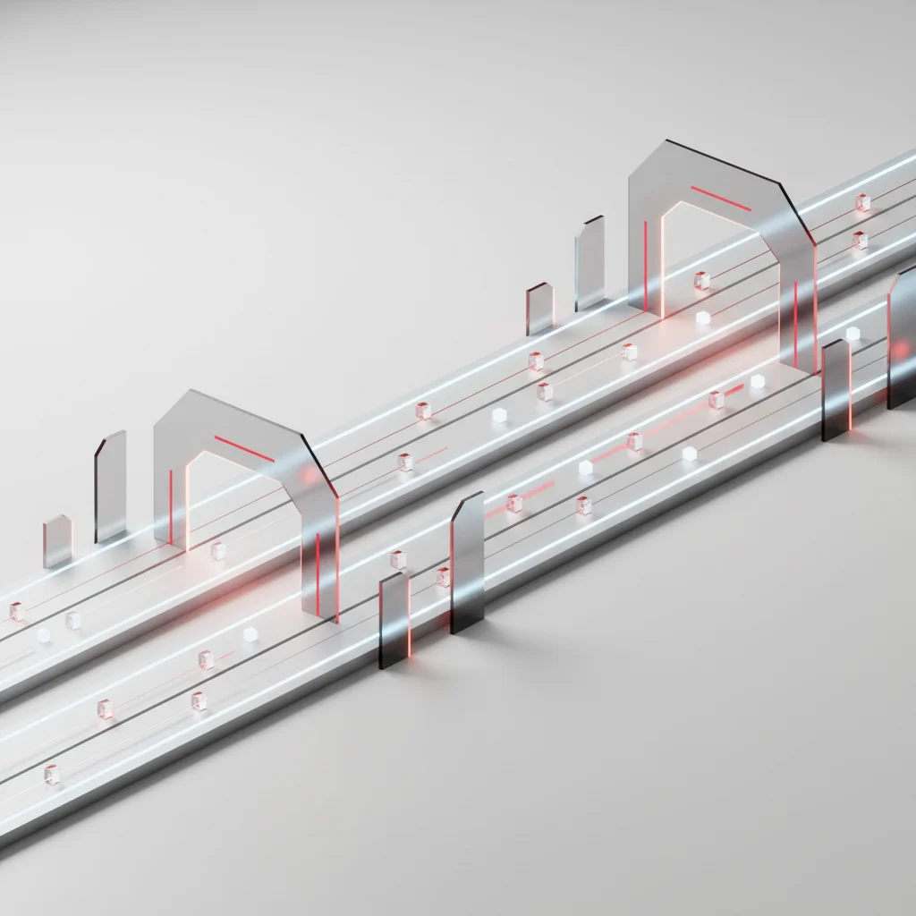 Editorial illustration of organized light streams flowing through geometric gates to symbolize structured routing