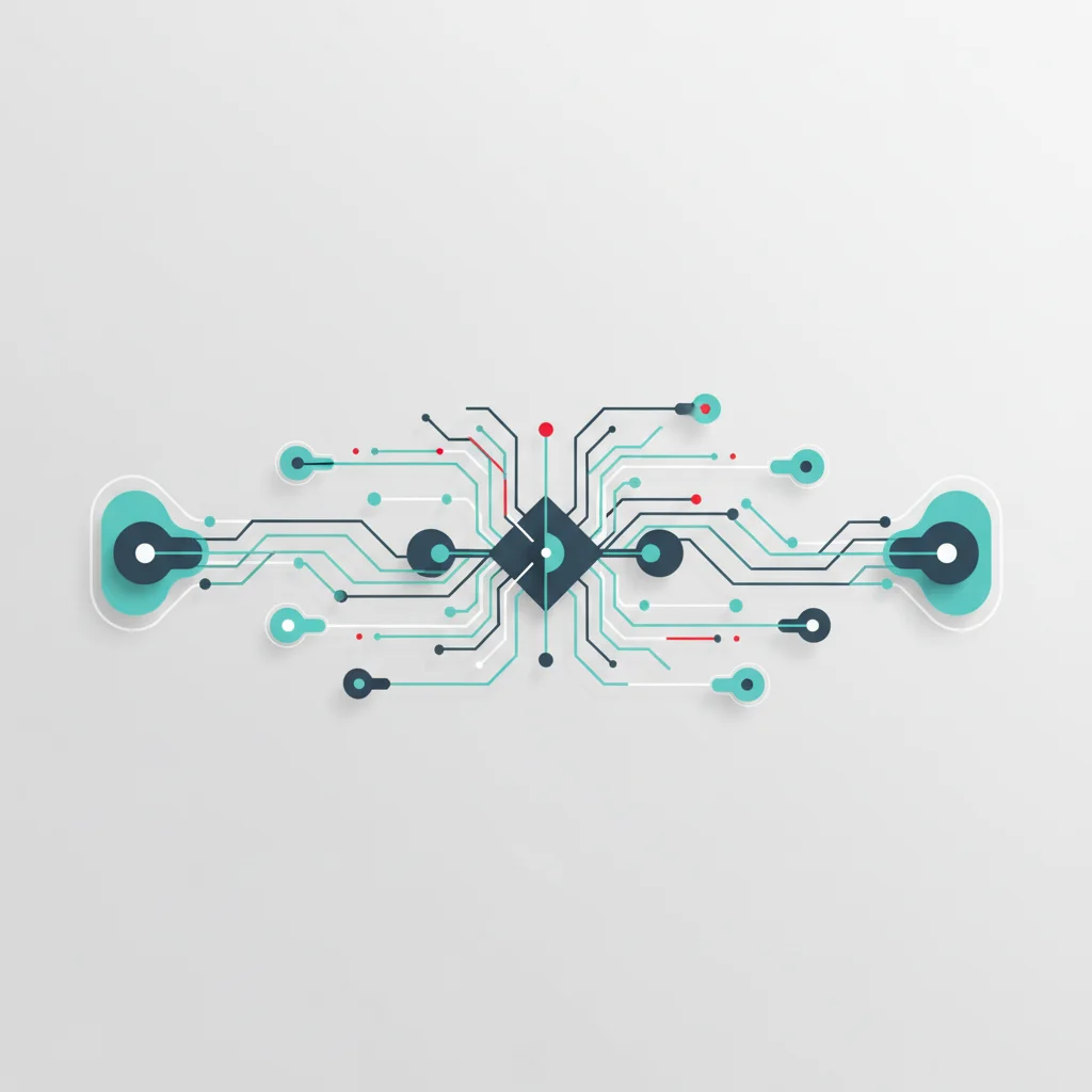 A symbolic editorial illustration showing an intricate, balanced network of illuminated pathways connecting supply chains to customer interaction touchpoints