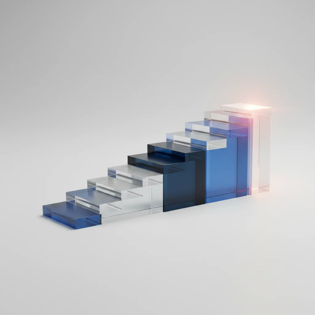 A symbolic editorial illustration showing a series of clear, clean dimensional steps ascending in a logical progression