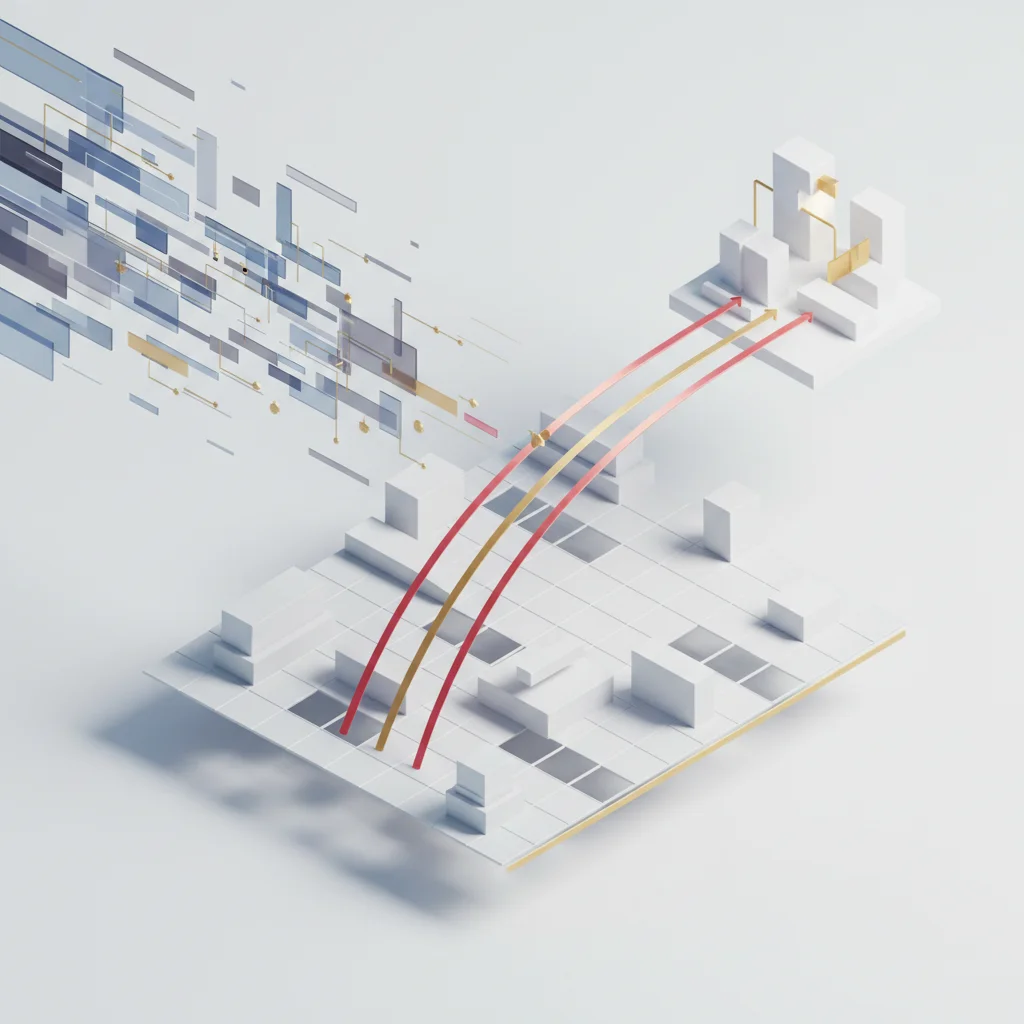 A symbolic editorial illustration showing structured data streams transforming into clear, predictive trajectory lines over an abstract isometric retail grid