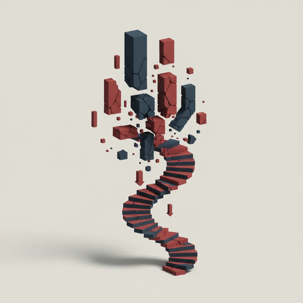 A symbolic editorial illustration representing software instability causing high churn, with abstract broken structures and descending steps.