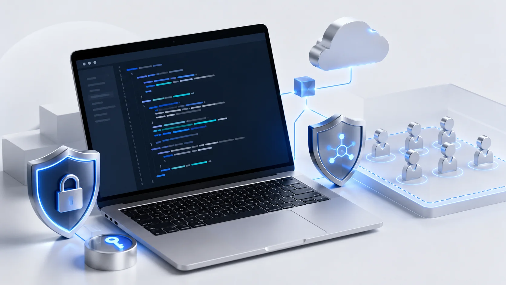 An editorial graphic illustrating StoreKit 2 SDK processing purchases securely on iOS devices.