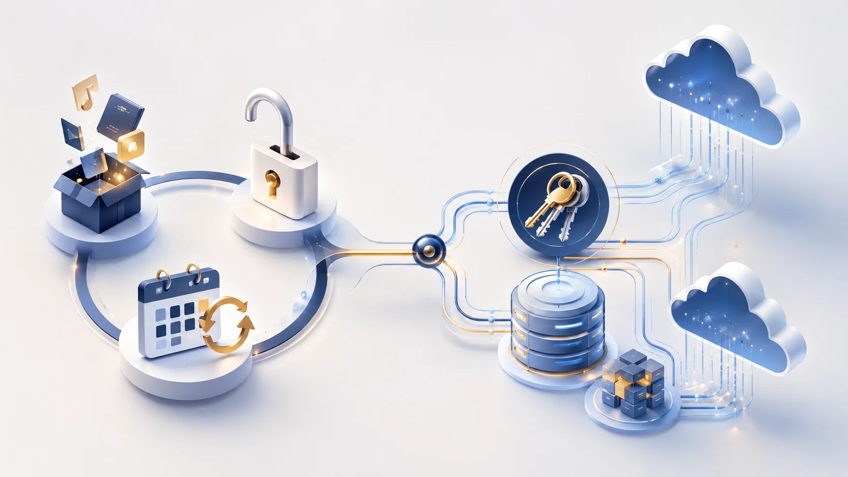 A professional editorial illustration depicting mobile screens showing virtual goods, locked content, and subscription cards being unlocked by security keys.