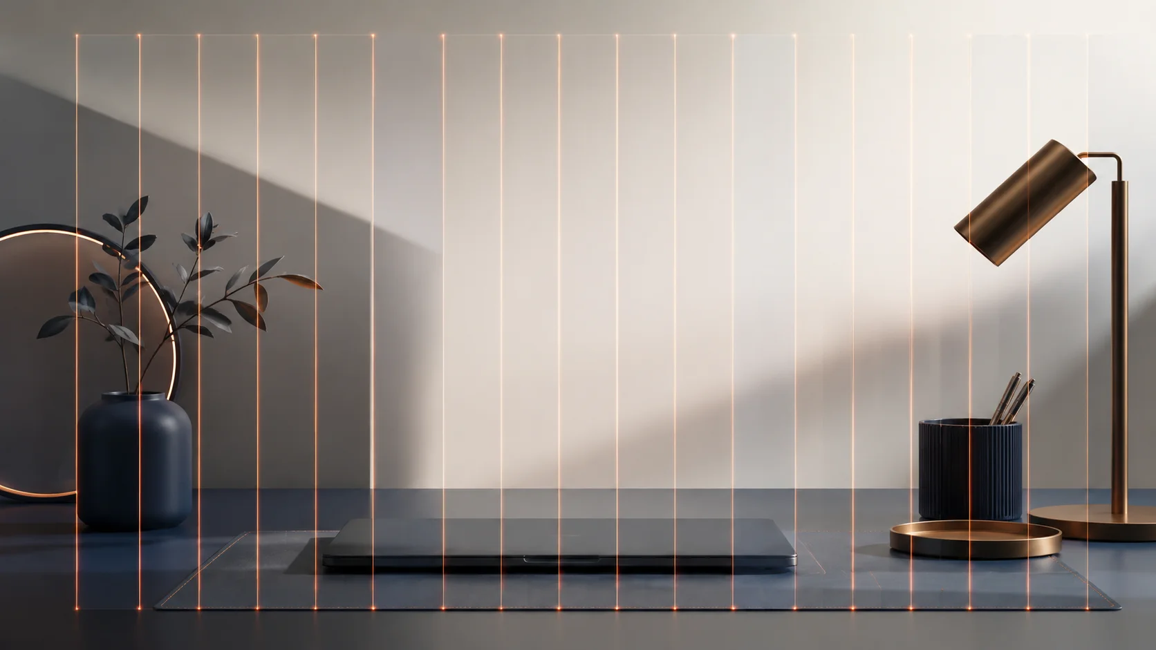 A professional design workspace showing a digital grid layout structure on a screen with clean alignment