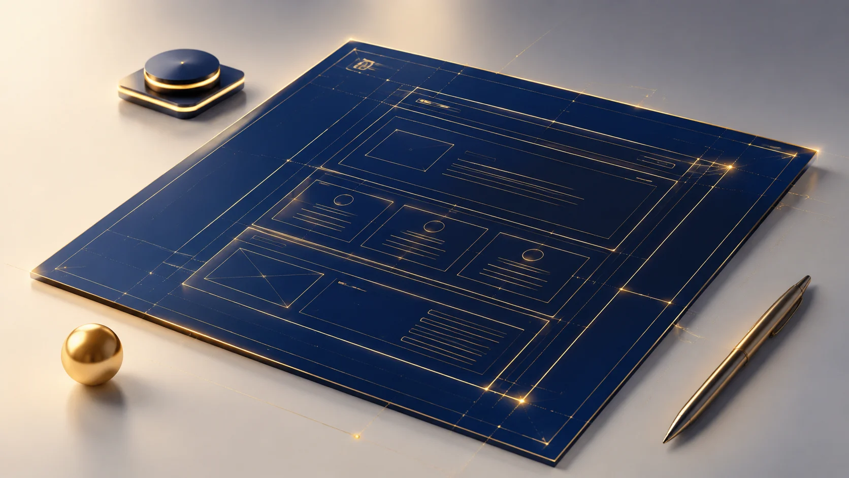 A sleek, complete, highly structured digital web design blueprint glowing with architectural elegance