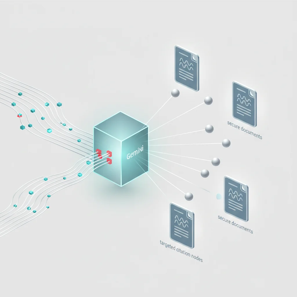An abstract architectural diagram showing a query entering a retrieval engine, pulling from a secure index, and passing through a synthesis filter to produce a highly accurate response.