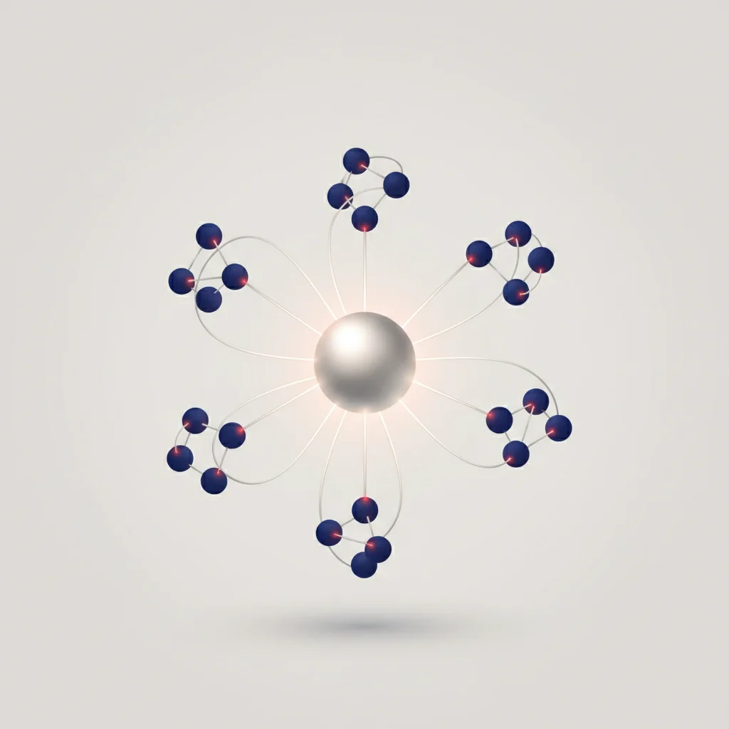 A symbolic editorial illustration showing a structured topic cluster network linking a central hub to outlying nodes