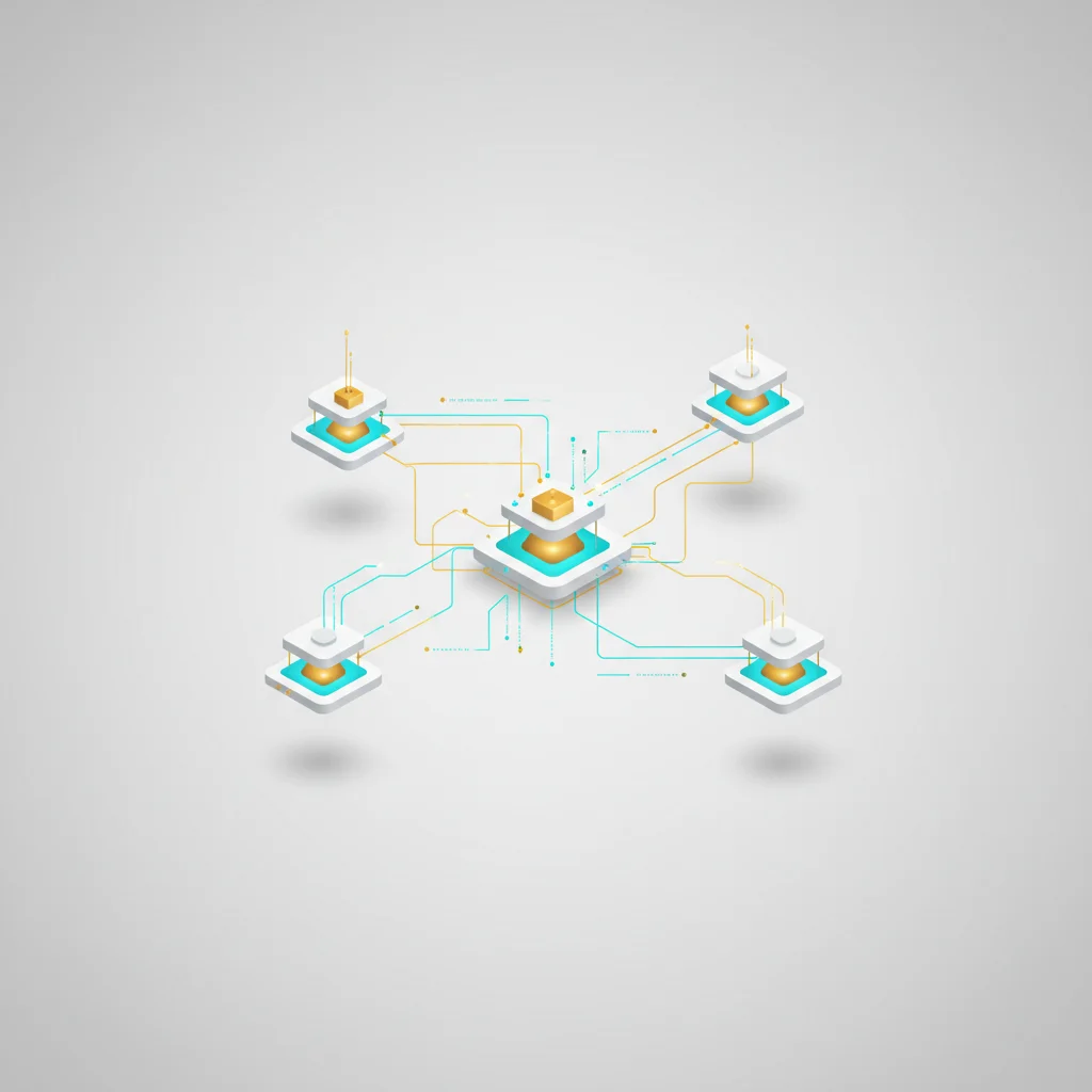 A symbolic 16:9 abstract technical diagram illustrating structured message queues and API interactions between different nodes