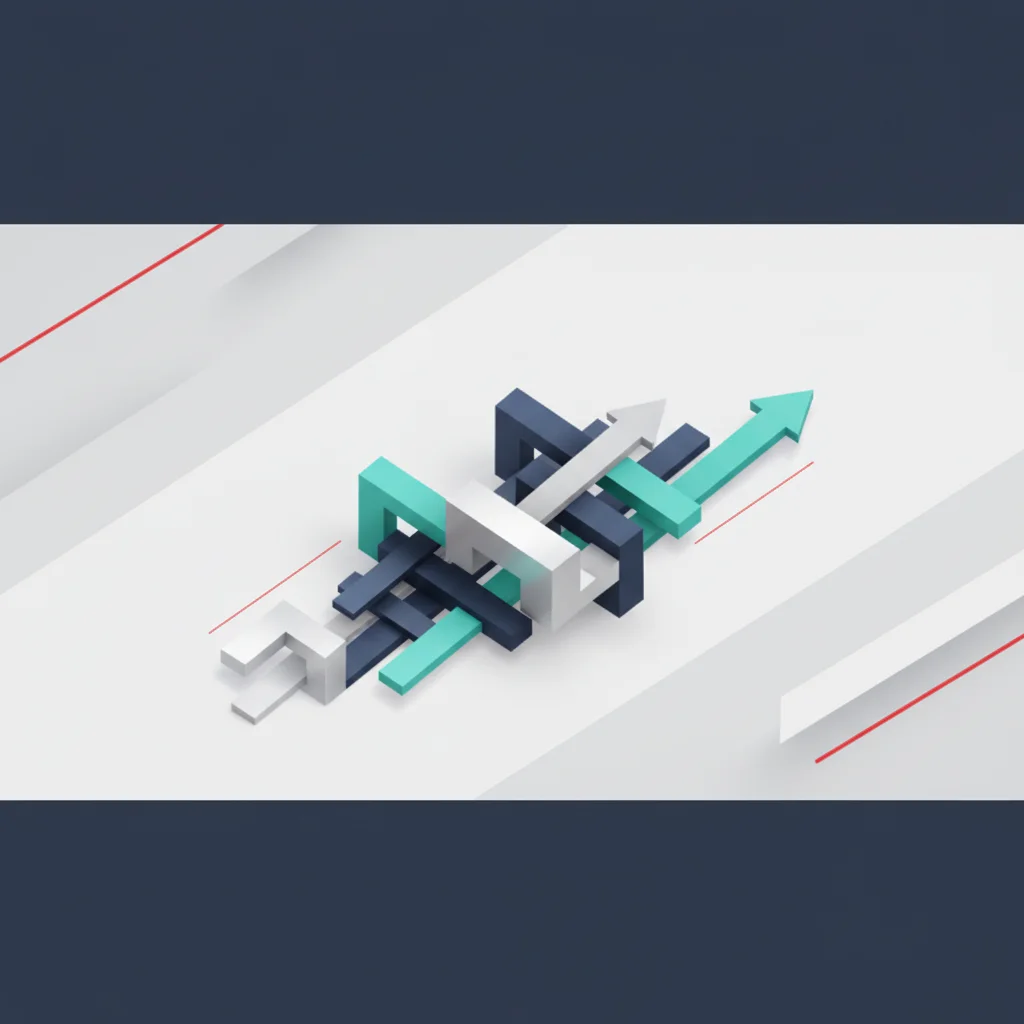 An editorial graphic showing structured upward-trending abstract lines and geometric shapes representing growth and stability