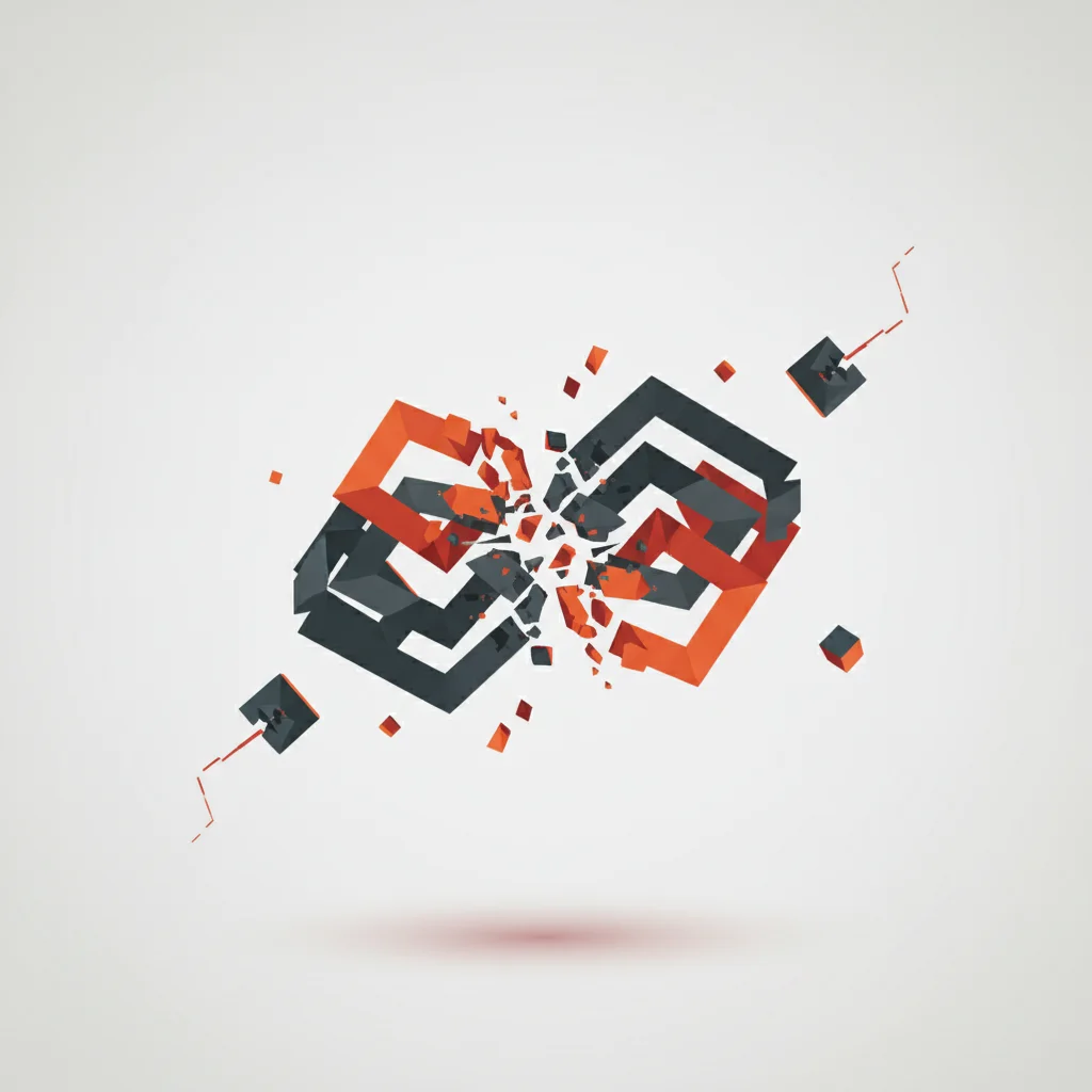 A symbolic editorial graphic showcasing broken connections and chaotic structures