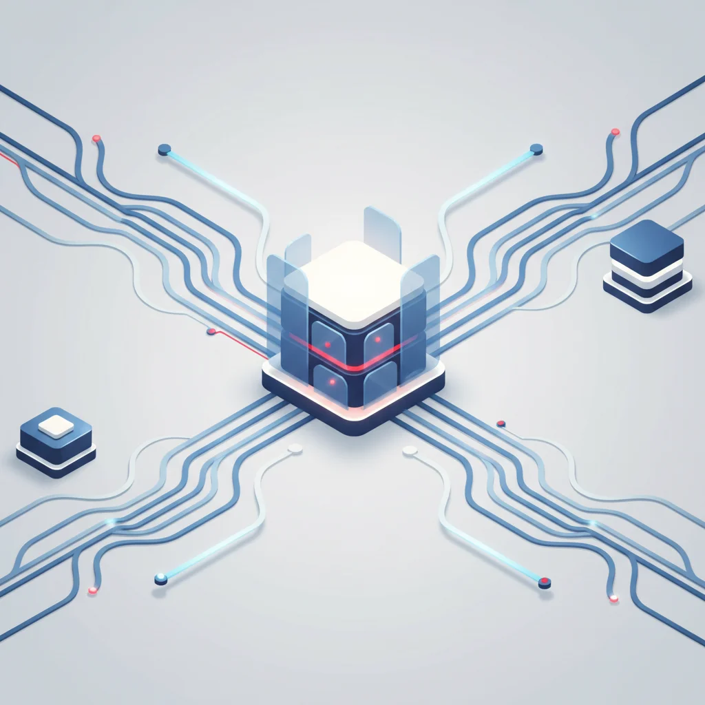 A symbolic editorial illustration representing distributed network traffic pathways converging on a central protected server.
