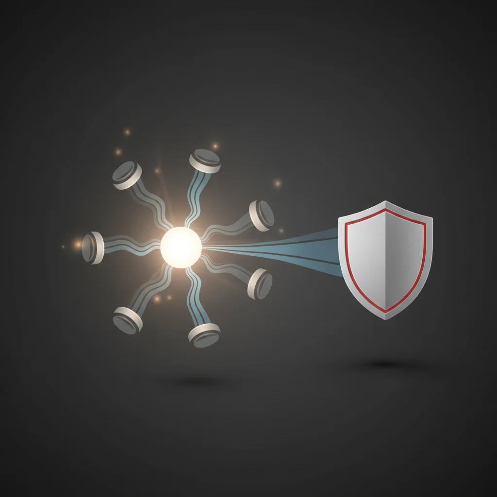 A symbolic editorial representation of a centralized command point instructing distributed nodes that send coordinated data packets to a central target.