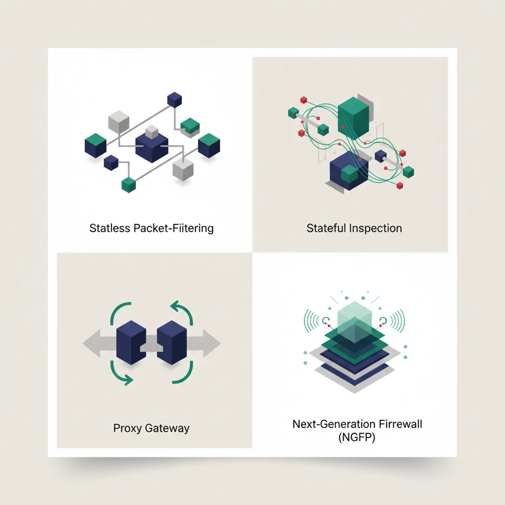 An abstract editorial graphic mapping different security gateway architectures to their corresponding OSI layer operations.